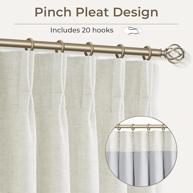 CAPALOCA Pinch Pleated Blackout Curtains 102 Inches Long, Linen Blend, 100% Blackout Drapes with 20 Hooks, Ideal for Bedroom and Living Room, 40" W x 102" L (Pack of 2), Natural Linen