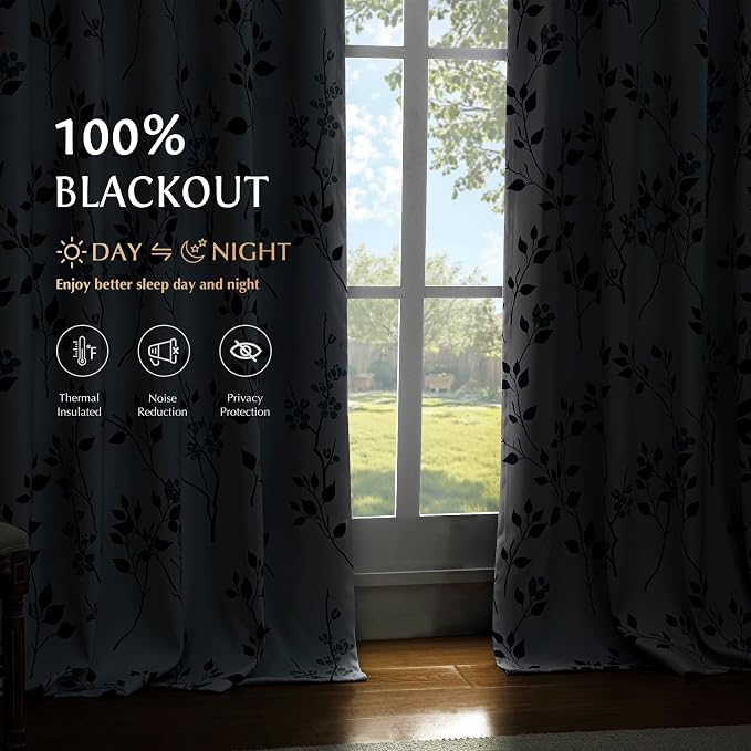 Beauoop Floral 100% Blackout Curtains for Bedroom Navy Blue 52X84 2 Panels | Flower Patterned Navy White Room Darkening Drapes for Living Room Thermal Insulated Soundproof Window treatment Grommet