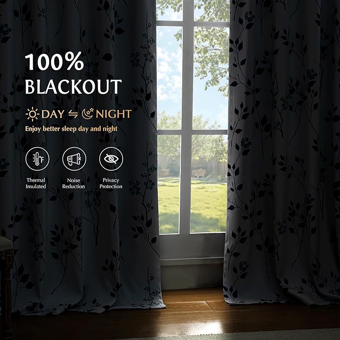 Beauoop Floral 100% Blackout Curtains for Bedroom Navy Blue 52X84 2 Panels | Flower Patterned Navy White Room Darkening Drapes for Living Room 84 Inch Long Thermal Soundproof Window treatment Rod Pocket