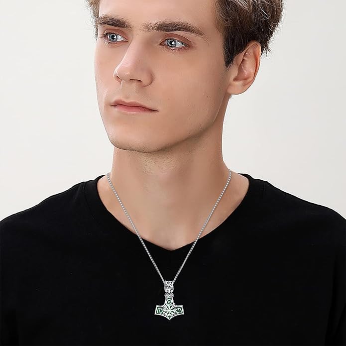 Compass Thor Hammer Necklace Sterling Silver Viking Compass Mjolnir Jewelry Gift for Men