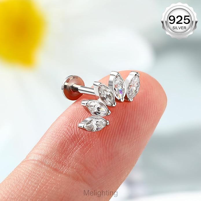 Melighting 16G Curved Helix Earring, Sterling Silver 925 Tragus Conch Stud Internally Threaded, Clear Marquise Round CZ Flat Back Lobe Labret Cartilage Piercing Jewelry for Women 6/8 mm