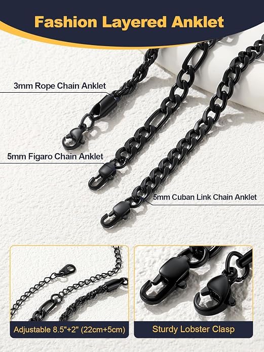 U7 2Pcs/3Pcs Ankle Bracelets for Women, Stainless Steel Cuban Link/Figaro/Rope/Heart Chain Anklets Sets,Waterproof Layered Anklets Adjustable 8.5"-10.5"
