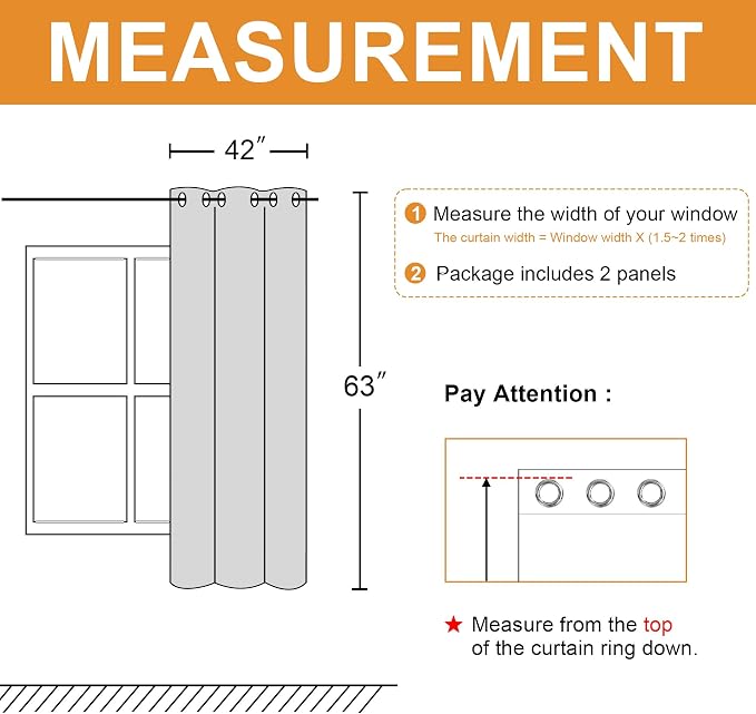 Hiasan Room Darkening Window Curtains for Bedroom, Thermal Insulated, Energy Saving Blackout Curtains, Set of 2 Panels, Sewn with Tiebacks, Grommet Top (Greyish White, Width 42 Inch x Length 63 Inch)