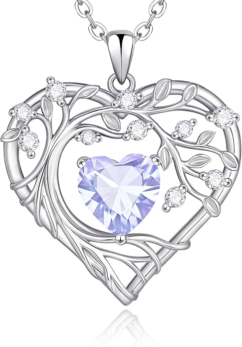 Tree of Life Birthstone Pendant Necklace - 925 Sterling Silver Heart Cubic Zirconia Diamond Women Pendant Necklaces for Her Daughter Girlfriend Birthday Gift Ideas for Wife Mom for Valentines Day