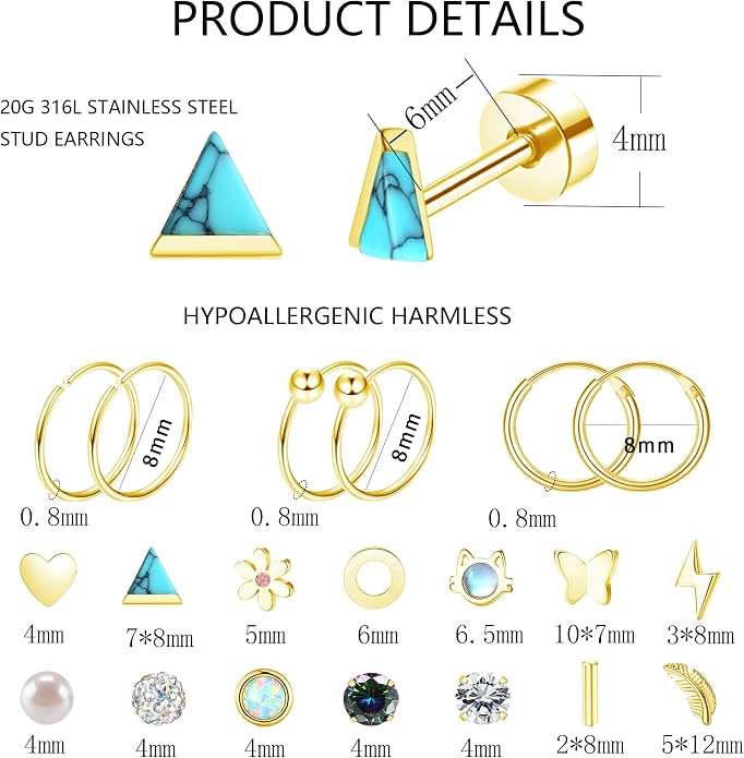 MJust 18 Pairs Women‘s Hypoallergenic Flat Back Stud Earrings, 20g Stainless Steel Earrings Sets for Men, Tiny Unisex Screw Back Cartilage Earrings.