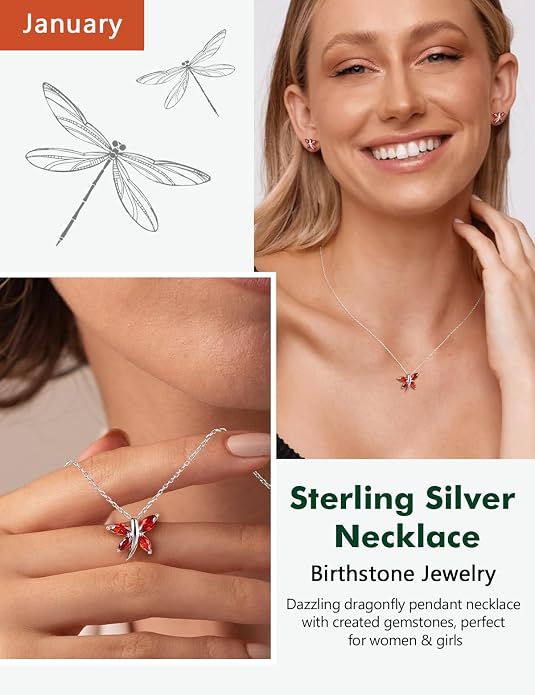 925 Sterling Silver Birthstone Necklaces for Women, Dainty Cute Dragonfly/Butterfly Pendant Necklace, Great Christmas/Anniversary Jewelry for Mother