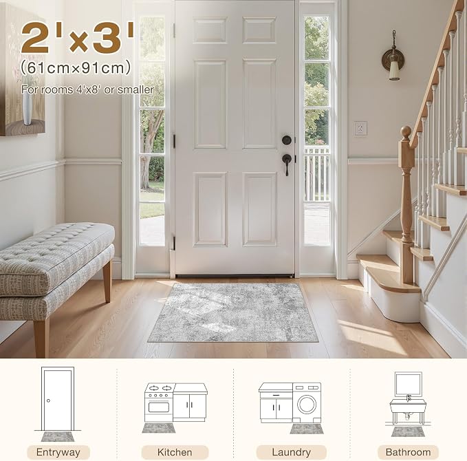 Tortania Area Rug Living Room Rugs - 2x3 Washable Soft Neutral Boho Moroccan Farmhouse Mat Indoor Floor Carpet for Bedroom Under Dining Table Home Office Decor - Ivory Grey