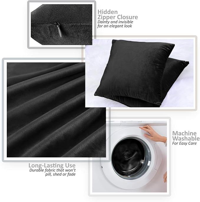 Nestl Throw Pillow Covers, Cozy Velvet Decorative Pillow Cases 24x24 Inches, Soft Solid Couch Pillow Covers for Sofa, Bed and Car, Set of 4 - Black