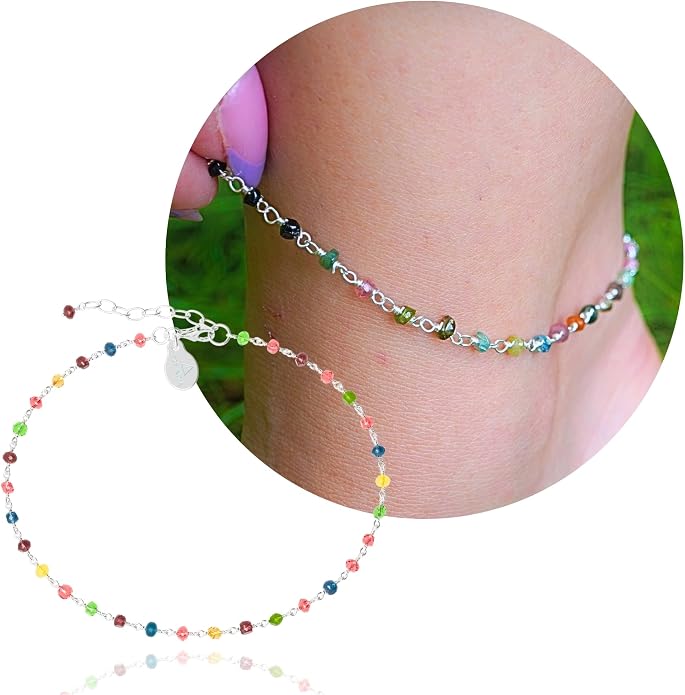 Dainty Gemstone Anklet for Women – 10 Inch Adjustable Anklet with 1 Inch Extender, Gold or Silver Plated Foot Jewelry, Minimalist Boho Style Gift