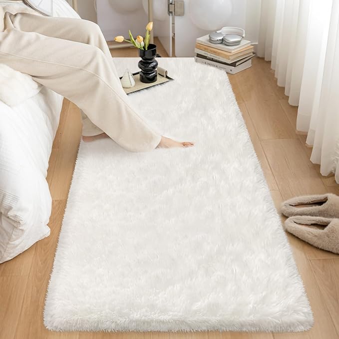 2x10 Feet White Soft Runner Rug for Bedroom Bedside, Fluffy Washable Long Runner Carpet for Hallway, Entryway, Dorm, Cute Furry Area Rug for Kids Girls Room, Nursery, Playroom, Home Decor