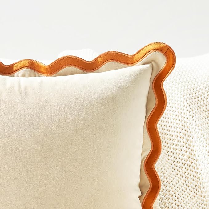 MONDAY MOOSE Decorative Throw Pillow Covers Cushion Cases, Set of 2 Soft Velvet Scalloped Wavy Edge Designs, Mix and Match for Home Decor, Pillow Inserts Not Included (22x22 inch, Honey/Cream)