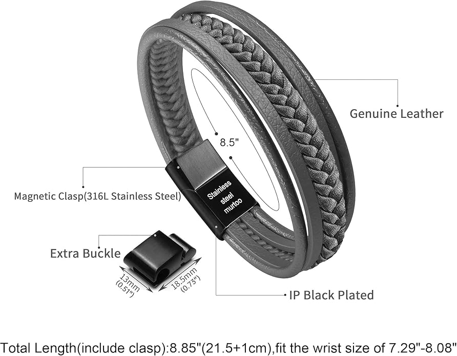 murtoo Mens Leather Bracelet with Clasp Cowhide Multi-Layer Braided Leather Mens Bracelet