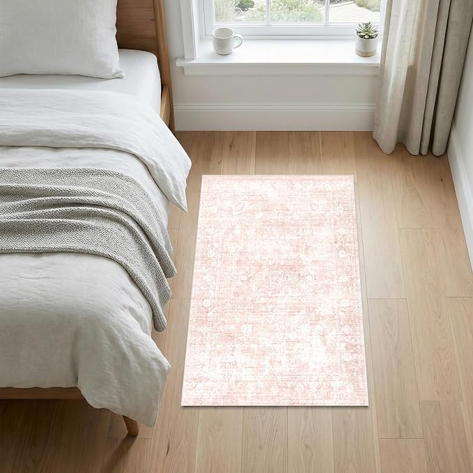 Homemate Washable Rug 4x6 Area Rugs - Vintage Faux Wool Rugs for Living Room Bedroom Dining Room - Non Slip Foldable Carpet Indoor Area Rug for Home Decor（4'x6', Pink