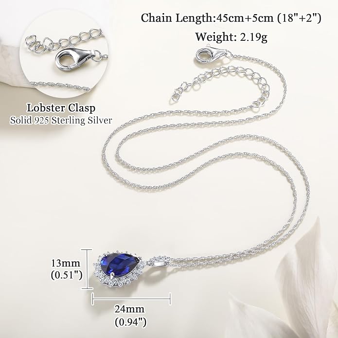 925 Sterling Silver Teardrop Necklace for Women Huge Created Gemstone Solitaire Halo Pendant Pear Cut Birthstone Necklace