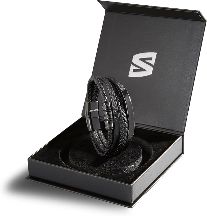 SERASAR Premium Leather Bracelet Men | Stainless Steel Magnetic Clasp | Three Colors | Jewelry Box Included
