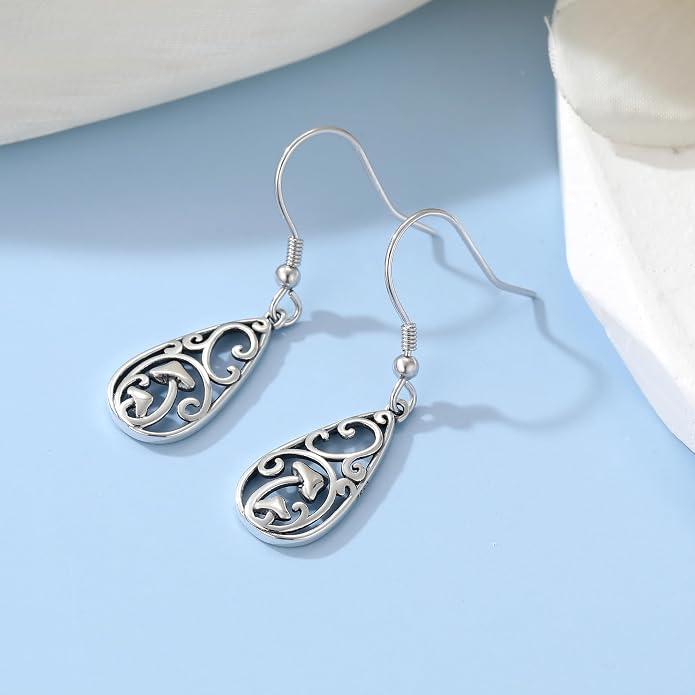Sterling Silver Abalone Shell Filigree Dangle Drop Earrings Bohemia Jewelry Gift for Women Mother Mom