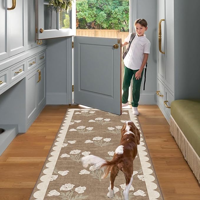 Non Slip Washable Kitchen Runner Rug - 2x8 Long Tan Hallway Runner Rugs Soft Boho Runners for Hallways Vintage Floral Scalloped Runner Rug for Bedroom Entryway Laundry Room Bathroom Foyer