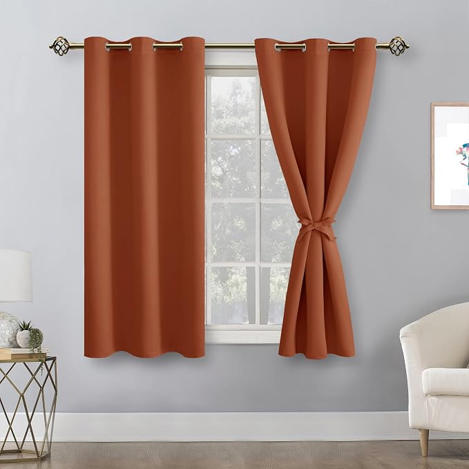 Hiasan Short Blackout Curtains for Bedroom - Thermal Insulated & Energy Saving Window Curtains for Living Room Fall Home Decor, 2 Drape Panels Sewn with Tiebacks, Burnt Ochre, 42 x 45 Inch