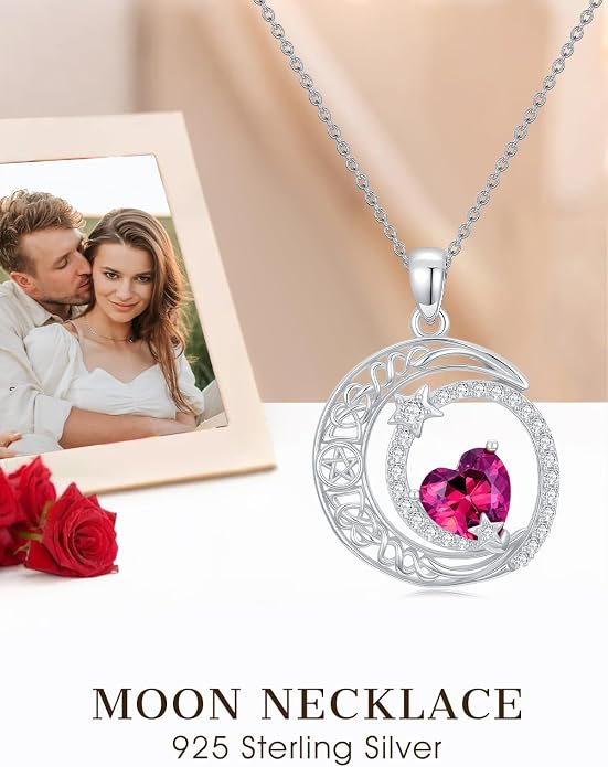 Dorunmo Heart Birthstone Necklace for Women 925 Sterling Silver Moon and Star Pendant Birthday Jewelry Gifts for Wife Her Daughter Mom