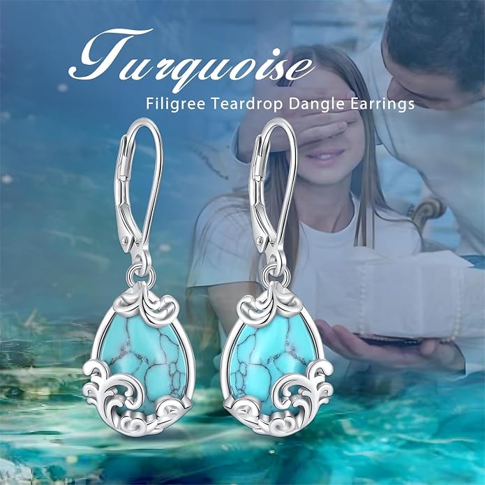 Vito 925 Sterling Silver Teardrop Earrings for Women, Moonstone Turquoise Drop Dangle Earrings Cat Snake Turtle Tree of Life Leverback Earrings Boho Jewelry Gift for Mom Wife