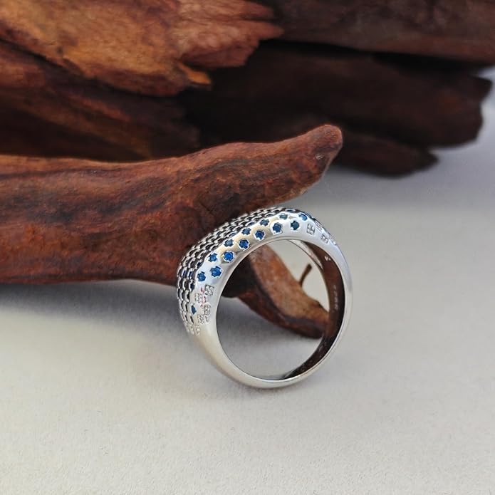 Bold Architectural Ring with Blue Zirconia, 925 Sterling Silver White Gold Plated Chunky Wide Eternity Band, Brutalist Statement Ring for Women, Maximalist Jewelry Gift