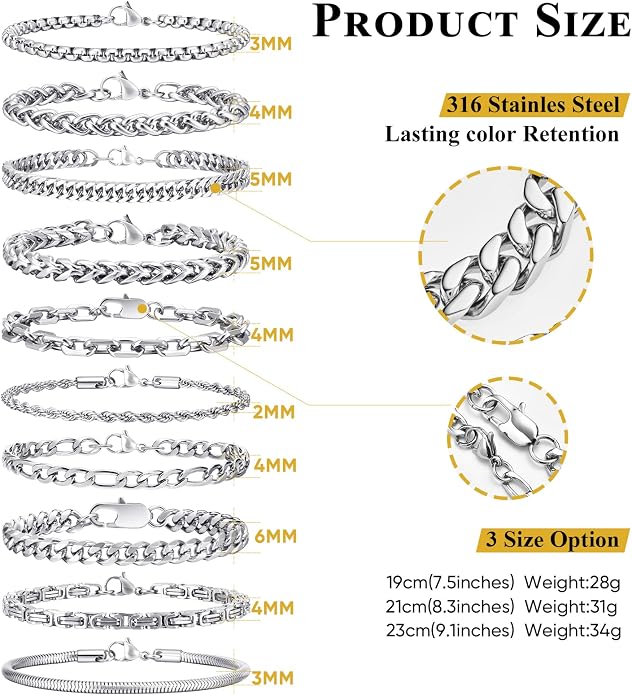 VNOX Silver Chain Bracelet for Men - 10 Pcs Solid Stainless Steel Rope/Figaro/Paperclip/Cuban Link/Snake Curb Chunky Chain Bracelet Set Wrist Band for Men Women Boys,Mens Jewelry Set