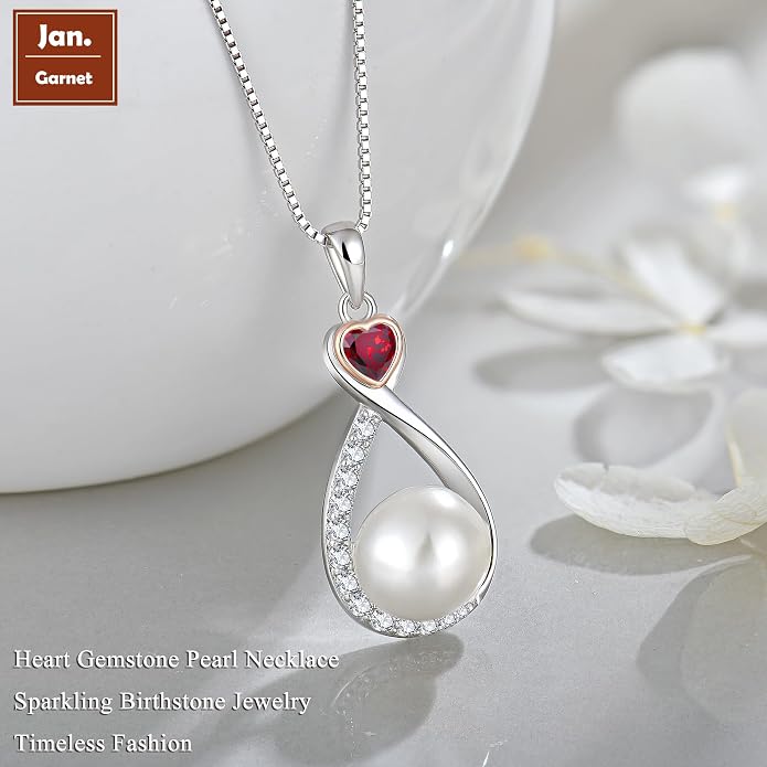 Heart Birthstone Pearl Pendant Necklace, 925 Sterling Silver Infinity Necklace with 10mm Freshwater Cultured Pearl & 4mm Gemstone Jewelry for Women