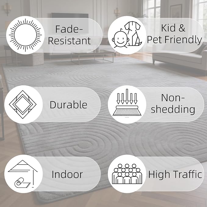 Grey 8x10 Solid Color Area Rugs – Washable Living Room Rug, Modern Geometric Non-Slip Indoor Carpet with Soft High-Low Pile, Fluffy Floor Rugs for Bedroom, Kids Room, Nursery, Home Décor
