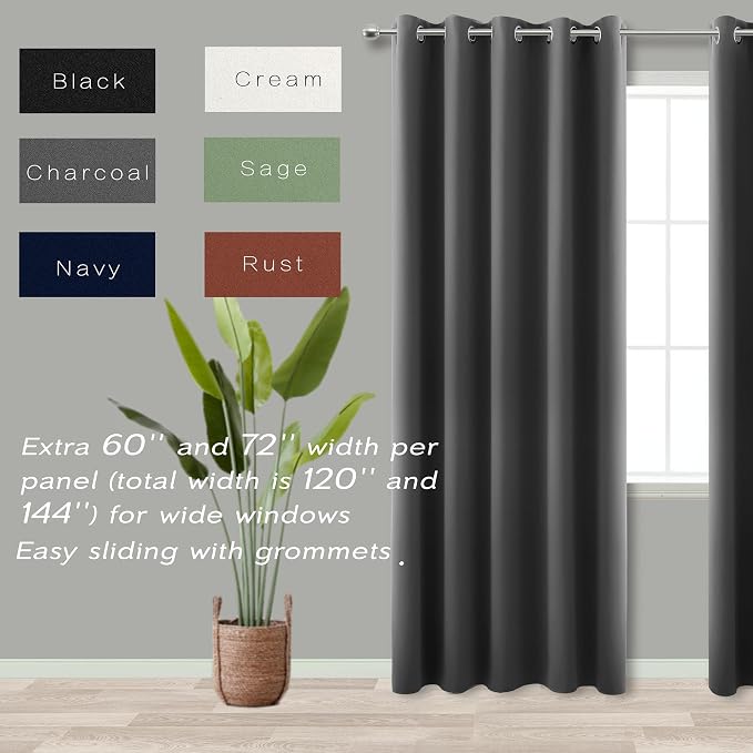 KOUFALL Extra Wide Blackout Curtains 90 Inch Length, Dark Grey Thermal Insulated Black Out Curtain for Bedroom Living Room, 2 Panel Set, Charcoal Gray, Cortinas para Sala