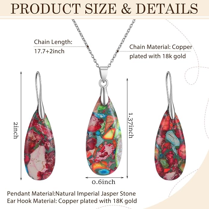 Kingdder Natural Stone Jewelry Set for Women Imperial Healing Stone Necklace Colorful Teardrop Dangle Earings Boho Jewelry