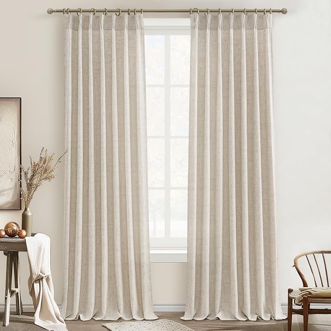 Natural Pinch Pleated Linen Curtains 92 Inches Long 2 Panels Set for Living Room, Farmhouse Beige Cream Semi Sheer Light Filtering Drapes with Back Tab for Bedroom 90-92 Inch Length Windows Viral Burg