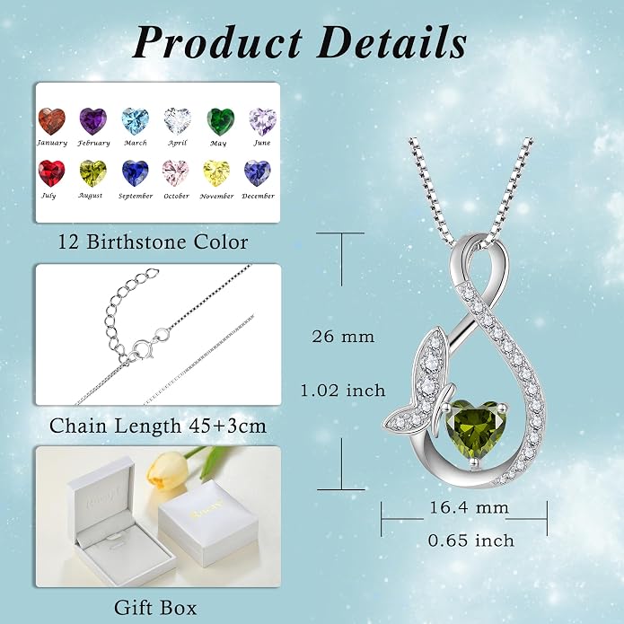 Infinity Butterfly Necklace for Women 925 Sterling Silver Heart Birthstone Created Gemstone Pendant Jewelry Gifts for Women Her
