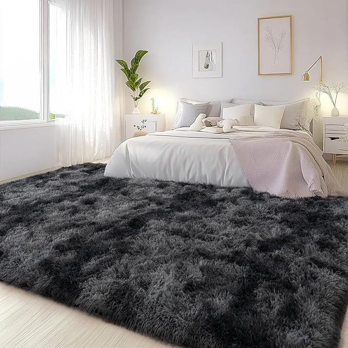 Large Area Rugs for Living Room Bedroom 9x12 Black Grey Shag Rugs | Ultra Soft Fluffy Shaggy Plush Fuzzy Modern Indoor Throw Floor Carpet for Kids Girls Boys Dorm Nursery Home Decor Aesthetic