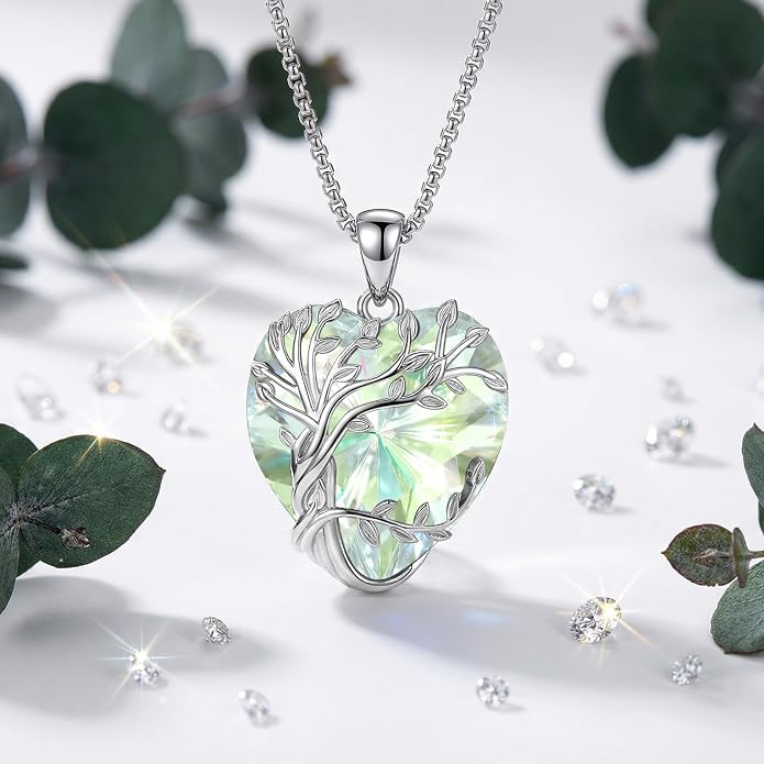 Eusense Tree of Life Necklace for Women White Gold Plated Copper Moonstone/Turquoise/Black Onyx/Crystal Birthstone Pendant Jewelry Gifts for Women Men