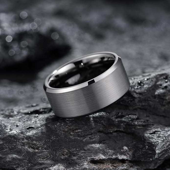 King Will Tungsten Men's Wedding Ring - Available in 6mm to 10mm, Black/Silver, Matte Finish, Beveled Polished Edge, Comfort Fit