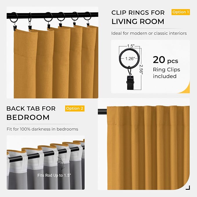 INOVADAY 100% Blackout Curtains for Bedroom, Mustard Yellow Black Out Curtains 102 Inch Long, Clip Rings Linen Blackout Drapes, Thermal Insulated Room Darkening for Living Room, 2 Panels - W50xL102