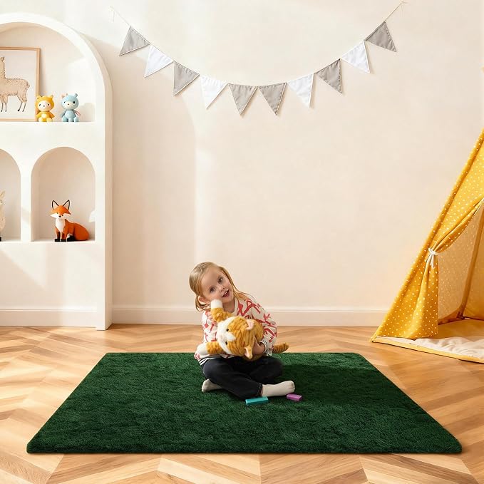 Dark Green Rugs for Bedroom, 3x5 Fluffy Area Rugs for Living Room, Small Fuzzy Shag Soft Non-Slip Carpet for Kids Girls and Boys Nursery Dorm Indoor Room Home Decor (3ft X 5ft, Dark Green)