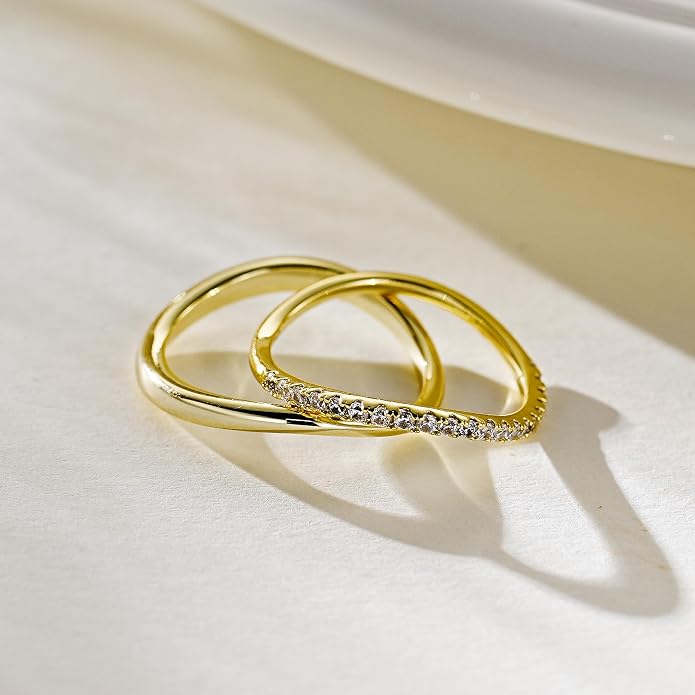 Kainier 2pairs Stacking Rings for Women 1mm 14K Gold Plated CZ V-Shaped Wavy Band Thin Pinky Thumb Stackable Ring Set Dainty Non Tarnish Comfort Fit Size 5 to 10