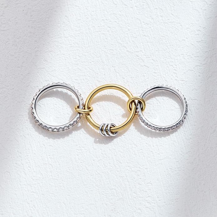 AllenCOCO 14K Gold Plated Stackable Rings, 3 Ring Set with CZ Cubic Zirconia, Gold & Silver Stacked, Interlocking Band for Women Statement