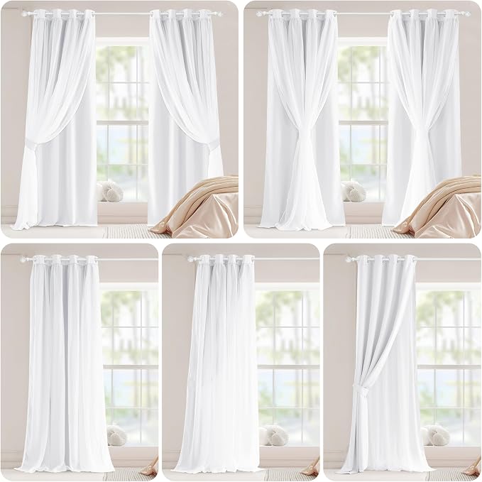 PONY DANCE White Curtains - Double Layer Curtains 84 inches Long with Sheer Overlay Nursery Panels for Bedroom/Living/Dining Room, 52 W by 84 L, Pure White, 2 Pieces
