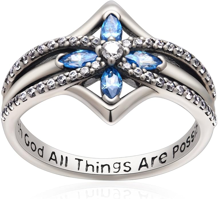 YFN Cross Ring Vintage Tone Sterling Silver With God All Things Are Possible CZ Band Rings Size 6-10