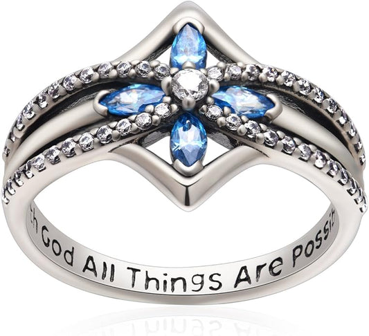 YFN Cross Ring Vintage Tone Sterling Silver With God All Things Are Possible CZ Band Rings Size 6-10