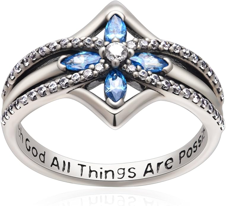 YFN Cross Ring Vintage Tone Sterling Silver With God All Things Are Possible CZ Band Rings Size 6-10