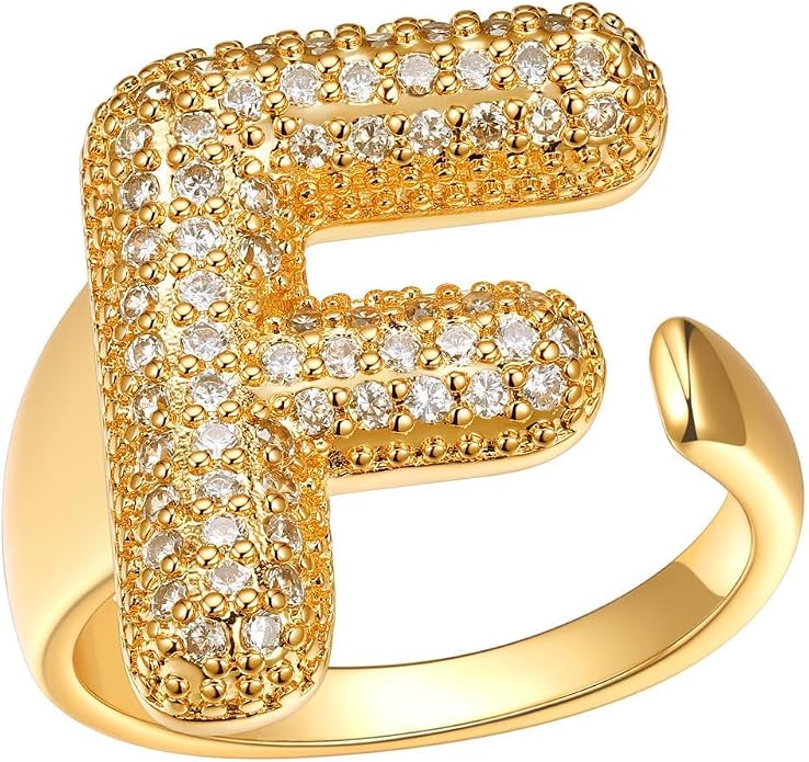 FindChic Initial Ring for Women, Gold Plated Chunky Letter Rings Open Adjustable Trendy Sparkling Cubic Zirconia Personalized Statement Rings Jewelry Gift
