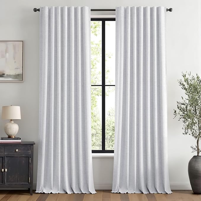 MIULEE 100% Blackout Linen Curtains 42 x 96 Inch Grayish White 2 Panels | Thermal Insulated, Room Darkening Drapes for Bedroom Living Room, Back Tab Rod Pocket Pinch Pleated, Solid Luxury Decor