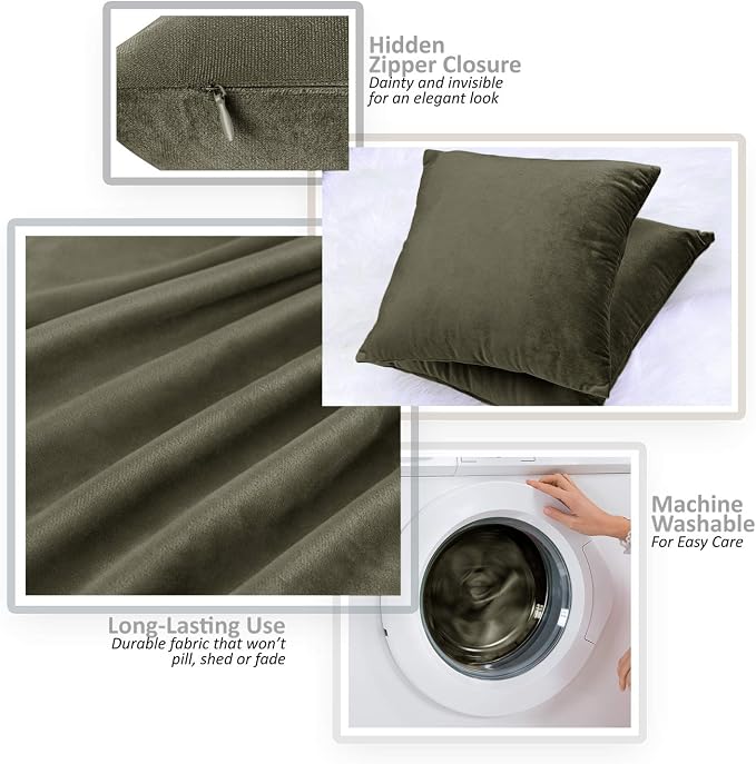 Nestl Throw Pillow Covers, Cozy Velvet Decorative Pillow Cases 24 x 24 Inches, Soft Solid Couch Pillow Covers for Sofa, Bed and Car, Set of 2 - Khaki