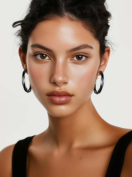 Stainless Steel Chunky Hoop Earrings For Women, Minimalist and Chic, Black/Gold Plated, Round Hoops Earrings Hypoallergenic, Size: 30mm/40mm/60mm/80mm, Come with Box