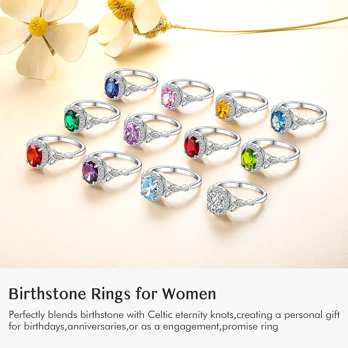 DAYBYDAY Celtic Birthstone Rings for Women 925 Sterling Silver Heart/Round/Pear/Oval Created Gemstone Moissanite Halo Engagement Promise Rings for Her Wife Birthday Anniversary Wedding Jewelry