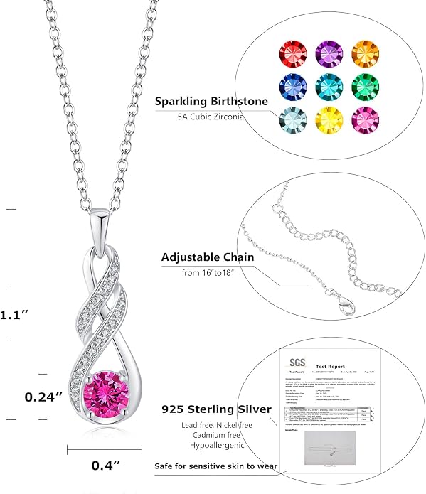 Birthstone Necklaces for Women 925 Sterling Silver Infinity Pendant Created Gemstone Jewelry for Her, 16"+2"