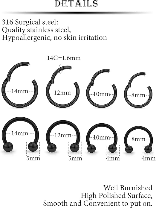 20G 18G 16G 14G 12G 10G Hypoallergenic Nose Rings Hoops for Men Women 316L Surgical Steel Hinged Nose Rings for Nostril Septum Cartilage Helix Daith Tragus Rook Conch Lip Ear Lobe Piercing